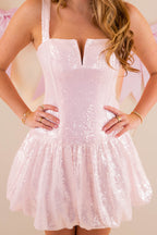 Pink Sequin Mini Bubble Dress- Light Pink Cocktail Dress- Mable Pink Sequin Dress