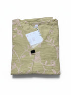 Kurti Connection USA olive green chiffon short kurti with delicate pink floral embroidery and a square button detail.