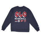 Navy blue sweatshirt with 'CLE Baseball' text and logos on a white background