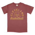 Maroon t-shirt with 'Cleveland Basketball' graphic on a white background