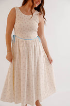 Vintage Floral Smocked Midi Dress with Blue Waist Tie – Cottagecore Spring Dress- Creamon Floral Midi Dress