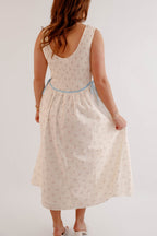 Vintage Floral Smocked Midi Dress with Blue Waist Tie – Cottagecore Spring Dress- Creamon Floral Midi Dress