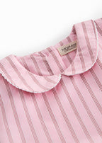 Short bright red dress with stripes for children, with a collar and picot edges, ribbon at the waist, and back zipper closure.
