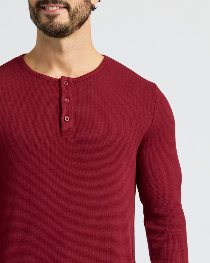 Dark Maroon Waffle Long Sleeve Henley 3-Pack on bearded man.