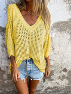 Delia - Top tricoté à col en V avec motif creux