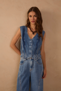 Denim V Neck Buttoned Sleeveless Vest_1