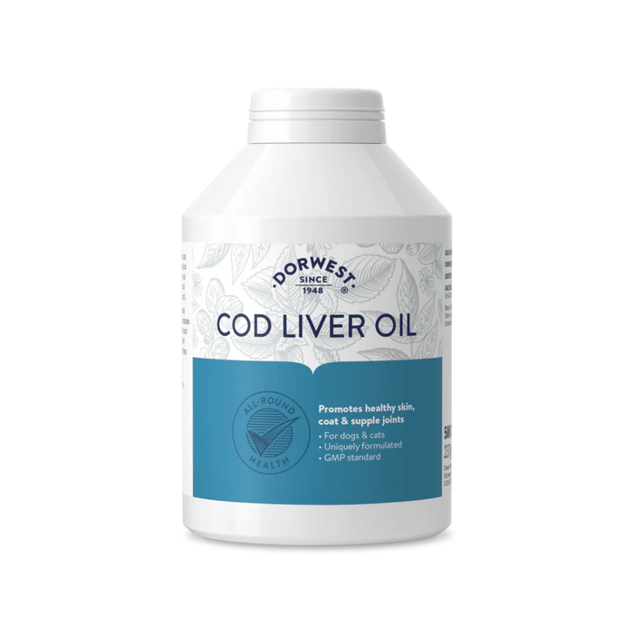 White background with a white and blue tub of Dorwest Cod Liver Oil tablets. On the pack is a blue banner with white text 'Promotes healthy skin, coat & supple joints, for dogs & cats, Uniquely formulated, GMP standard'.
