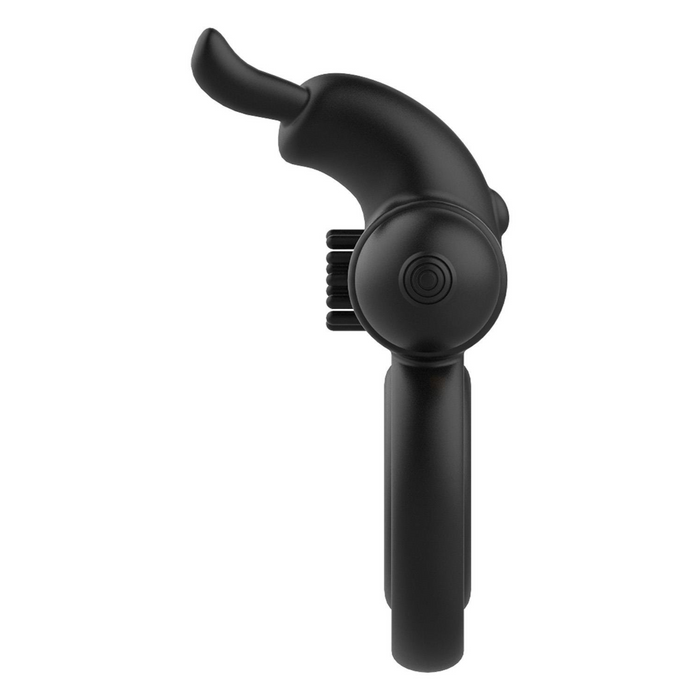 Side view of the black vibrating ring, without the motor, showing the end cap and textured silicone stimulators.