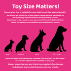 Pink background with white text with a safety notice about choosing the right toy for your dog. With four silhouettes of different sized dogs.