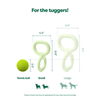 White background with a pale green Small Earth Rated Tug dog toy pictured next to a tennis ball for scale, with the larger toy greyed out. With measurements for both.