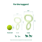 White background with a pale green Large Earth Rated Tug dog toy pictured next to a tennis ball for scale, with the small toy greyed out. With measurements for both.