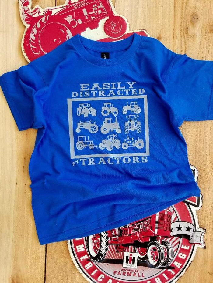 Easily distracted by Tractors tee Red Blue Green kids