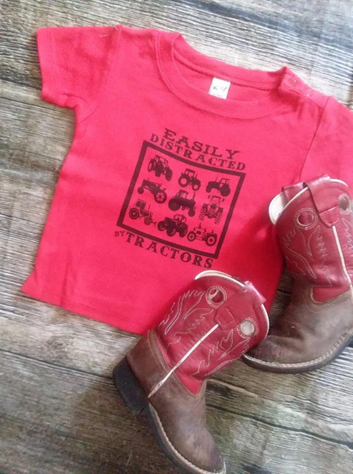 Easily distracted by Tractors tee Red Blue Green kids
