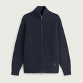 Grey ribbed knit zip-up cardigan sweater with a stand-up collar.