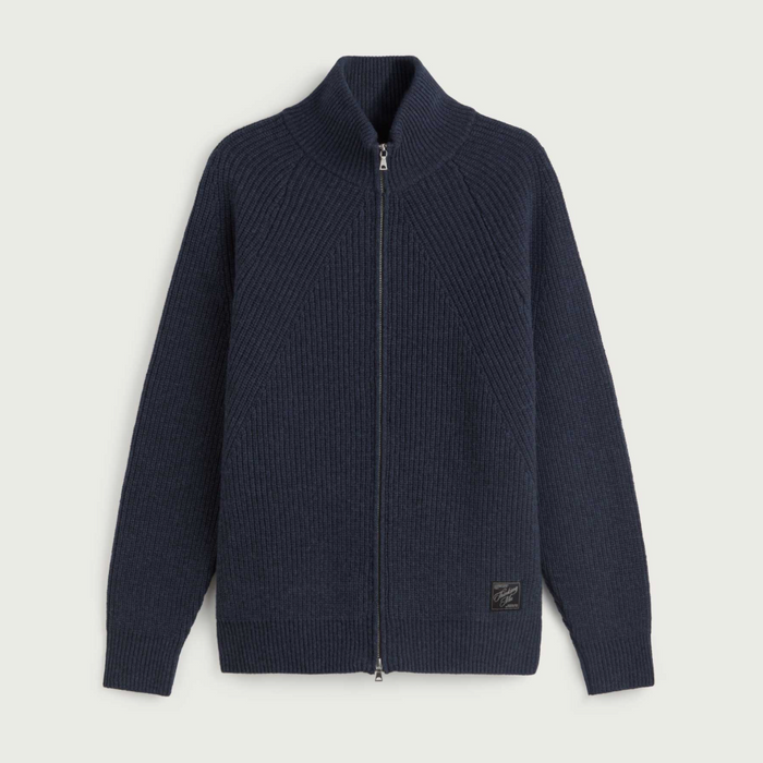 Grey ribbed knit zip-up cardigan sweater with a stand-up collar.
