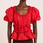 Everly Ruffle Blouse in Red Tafetta