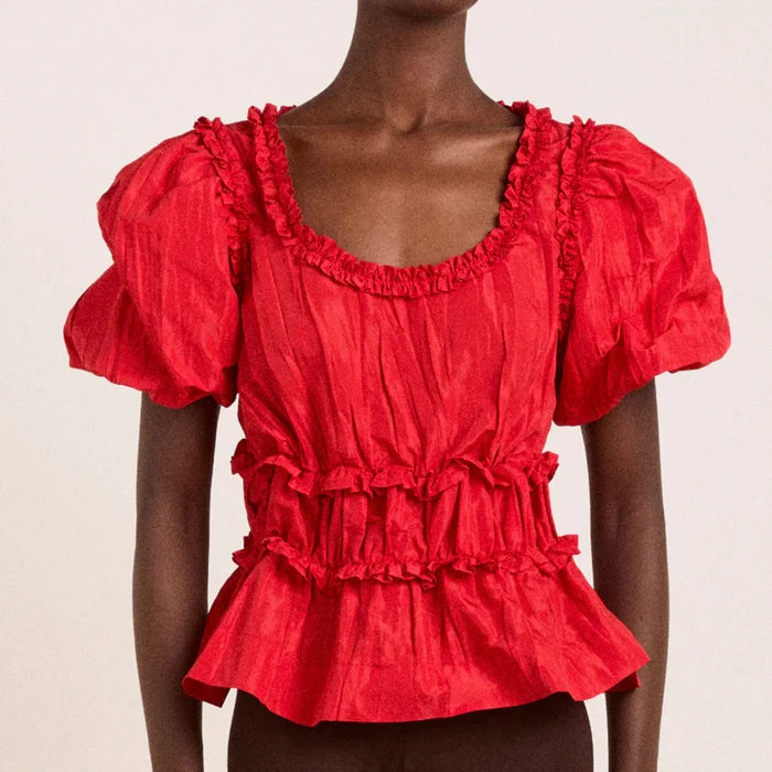 Everly Ruffle Blouse in Red Tafetta