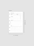Pocket size meeting notes insert measuring 3.2 by 4.7 inches. The minimal layout includes sections for subject, agenda, attendees, follow-up, and a gridded notes area with three ring punches on the side.