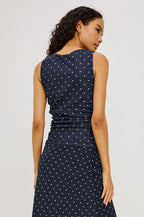 Fete Fitted Top in Stretch Mesh With Cowl Neck, Side Ruching, Front Lining, and Fitted Design in Navy Polka Dots Colorway - Upper Body Back View Featured on Model