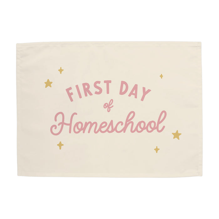 Card with 'First Day of Homeschool' text on a beige background