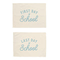 Two cream-colored bags with blue text 'First Day of School' and 'Last Day of School' on a white background.