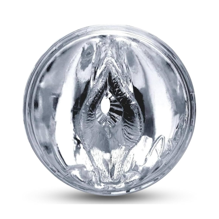Close-up of the end of the Riley Reid Fleshlight Quickshot, showing the vaginal-style orifice and texture.