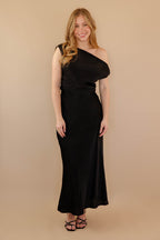 Women's Black Satin Maxi Dress- Women's Off The Shoulder Black Dress- Cocktail Dresses