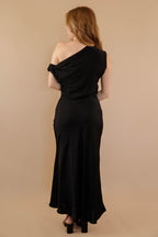 Women's Black Satin Maxi Dress- Women's Off The Shoulder Black Dress- Cocktail Dresses