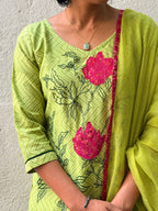 Green Chanderi Applique Kurta Set