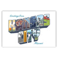 A white postcard with bold text that reads "Greetings from Kansas City". within each letter in "Kansas City" are illustrations of iconic scenery such as the Liberty Memorial Tower or the Kaufman Center.