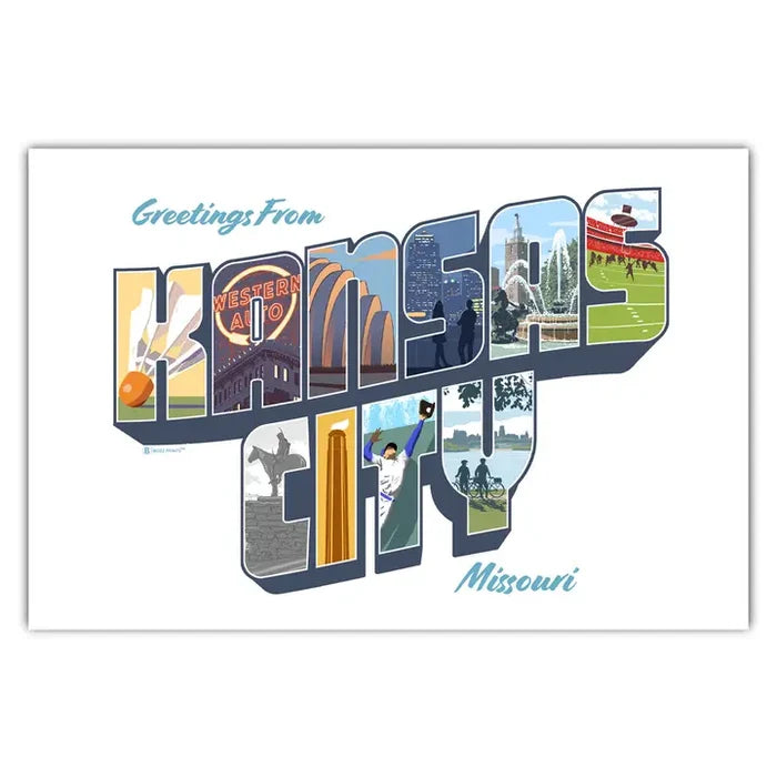 A white postcard with bold text that reads "Greetings from Kansas City". within each letter in "Kansas City" are illustrations of iconic scenery such as the Liberty Memorial Tower or the Kaufman Center.