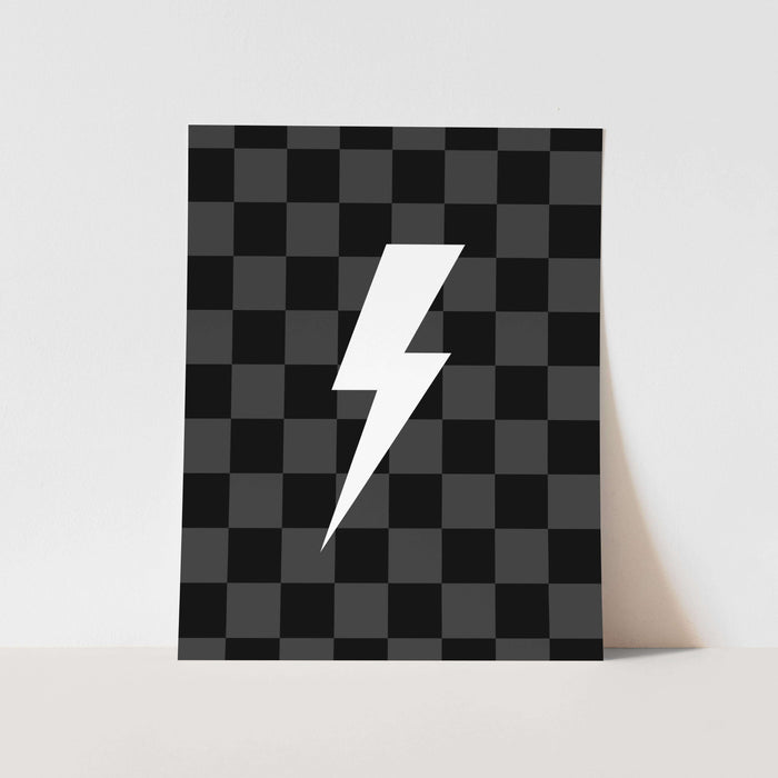 Checkered pattern with a white lightning bolt on a light gray background