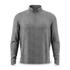 The Heather Gray - Q-Zip is a long-sleeve pullover with a quarter-zip collar, made from soft, textured fabric. It features moisture-wicking properties, a relaxed fit, and a simple design without visible logos or embellishments.