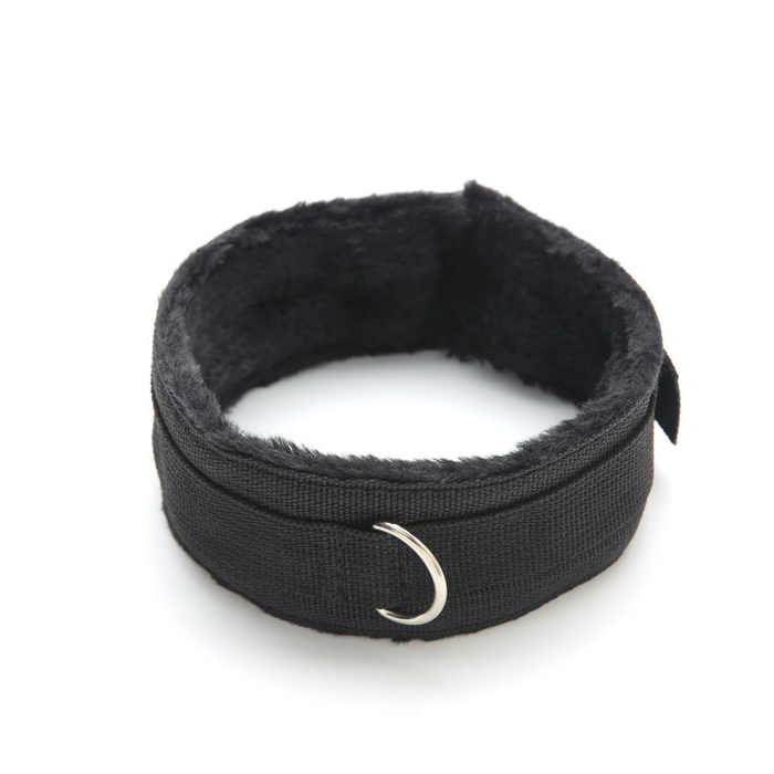 Black plush-lined collar with D-ring in a white background.