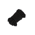 Coil of thick black bondage rope.