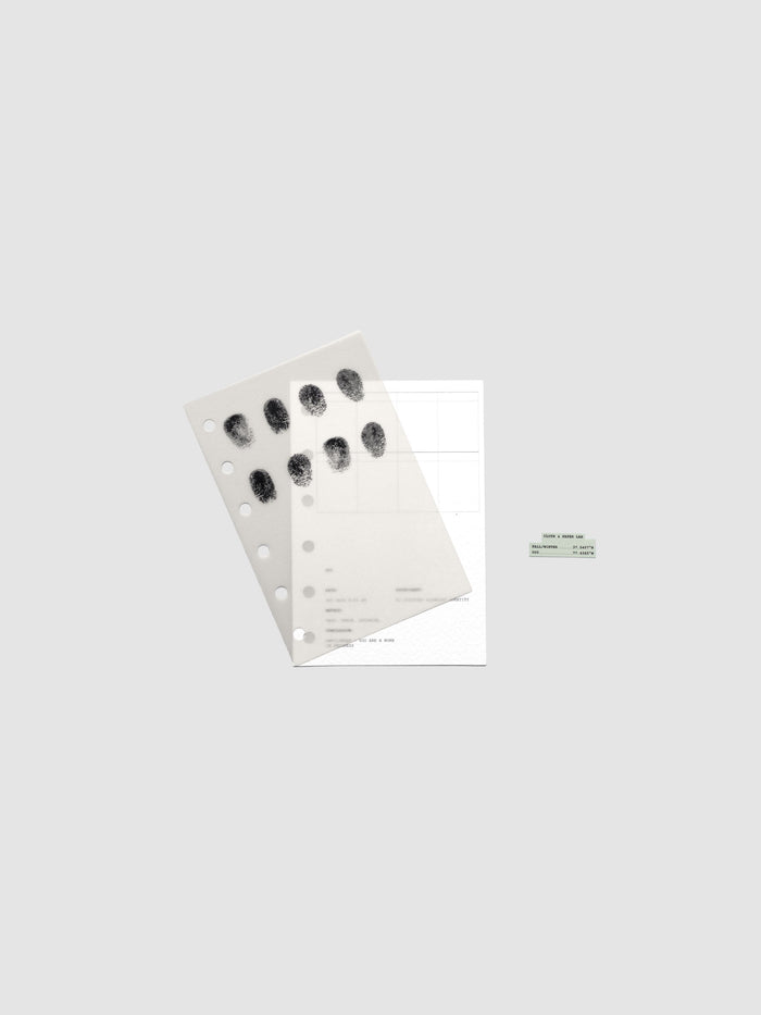 Two layered Pocket sized planner dashboards, one semi-transparent, one matte, featuring a fingerprint design shown offset from one another.