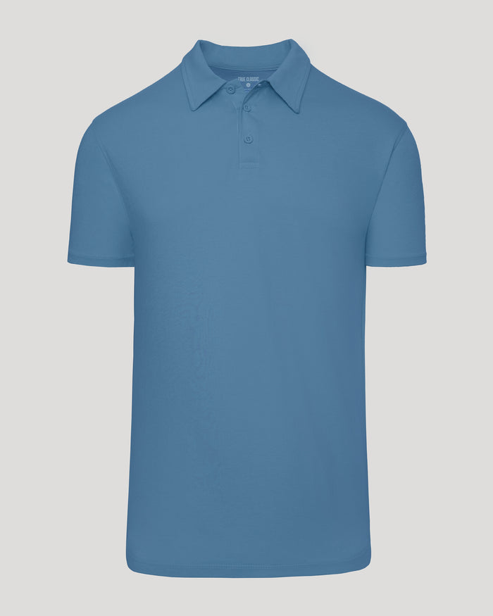 Indigo Short Sleeve Tall Polo, blue, flat-lay, fold-over collar, three-button placket.