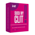 A close-up shot of a hot pink and purple product box for "Intt Suck My Clit" clitoral suction effect gel. The box features bold white lettering and indicates a "Wild Strawberry" flavor and a volume of 15 ml.