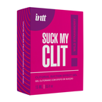 A close-up shot of a hot pink and purple product box for "Intt Suck My Clit" clitoral suction effect gel. The box features bold white lettering and indicates a "Wild Strawberry" flavor and a volume of 15 ml.