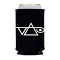 A black Steve Vai Koozy with a white triangle, intersecting line, and stylized eye graphic on the right. The Inviolate White Logo Koozy securely holds a silver-topped can inside.