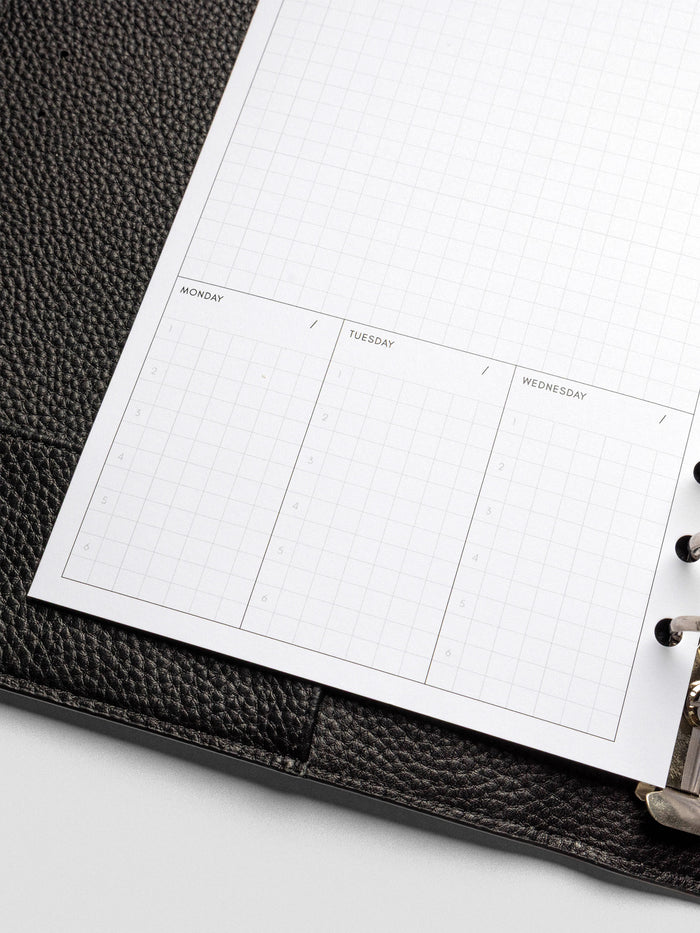 Detail of the Monday through Wednesday sections on the Ivy Lee Priority Planner Insert, each day containing six grid rows for prioritizing daily tasks.