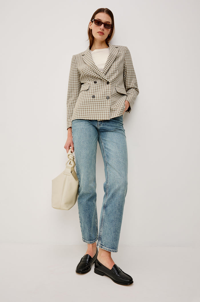 Jac Double-Breasted Blazer With Notched Lapels Side Flap Pockets and Full Lining in Blue Bay Check Clorway - Full Body Front View Featured on Model