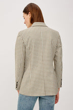 Jac Double-Breasted Blazer With Notched Lapels Side Flap Pockets and Full Lining in Blue Bay Check Clorway - Upper Body Back View Featured on Model