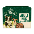 White background with a multipack box of James Wellbeloved Mixed Adult Wet Food. The tin is green and cream with 2 dogs pictured, with text 'Adult, Mixed Selection'.