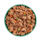 White background with a green bowl pictured filled with wet dog food.