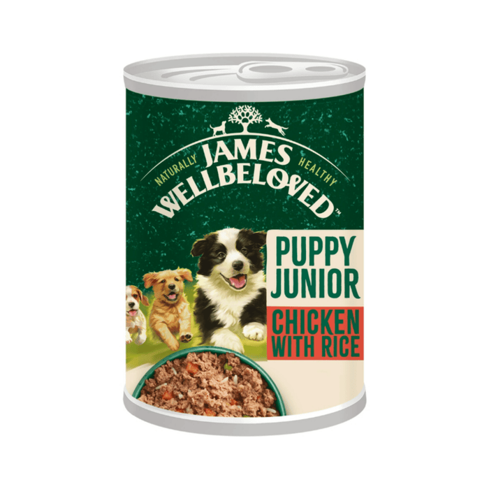 White background with a tin of James Wellbeloved Chicken, rice and vegetable puppy/Junior Food. The tin is green and cream with 3 puppies pictured, with text 'Puppy/Junior, Chicken with Rice'.