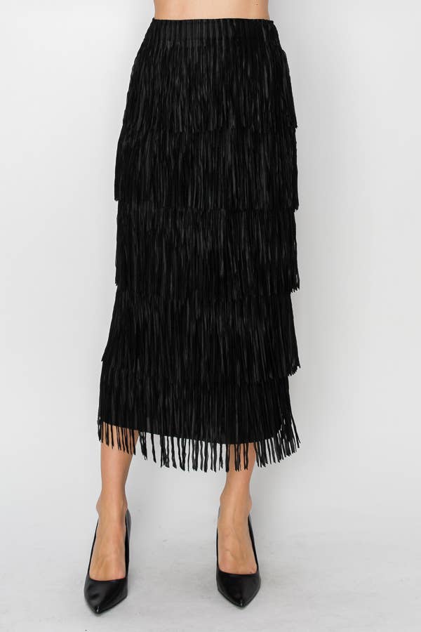 Layered Fringe Tiered Maxi Skirt in Black