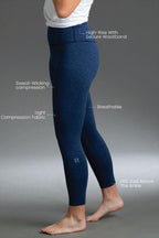Navy compression leggings worn by a person on a gray background with text labels. || Navy