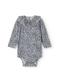 Blue long-sleeved leopard baby bodystocking with ruffled collar