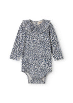 Blue long-sleeved leopard baby bodystocking with ruffled collar